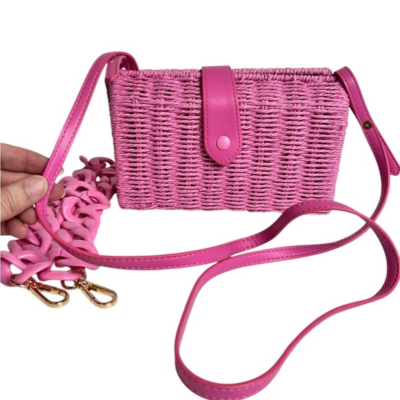 A New Day pink straw woven handbag, 2 strap styles, clutch, Like NEW Summer - Picture 6 of 13
